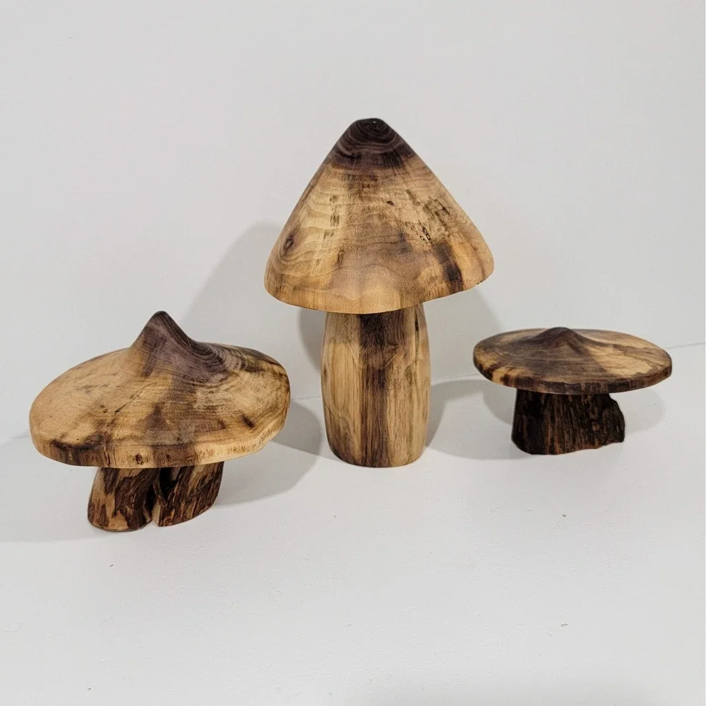 Handmade Natural Wood Mushroom Figurines Set of 3 Rustic Woodland Decor Art